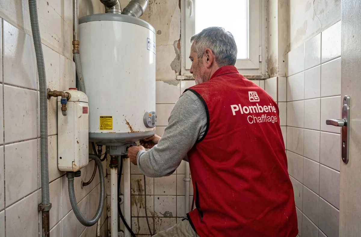 Plombier AB Plomberie Chauffage remplaçant un chauffe-eau dans une salle de bain d'appartement urbain