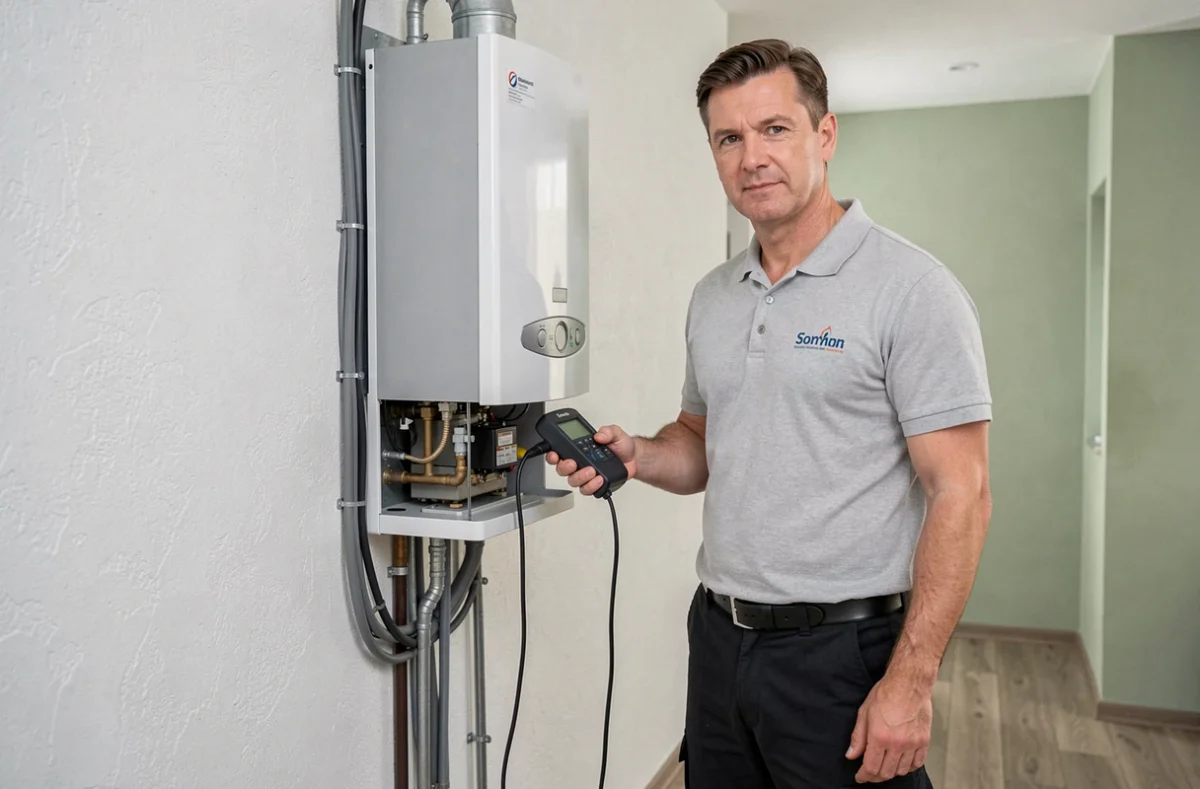 Technicien Actitherm diagnostiquant une chaudière murale à gaz dans un appartement moderne