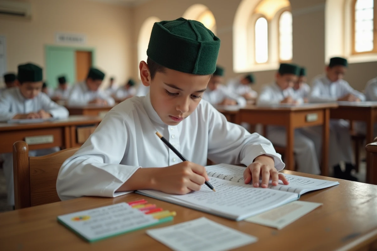 Adolescent en école coranique prenant des notes pour mémoriser l'ordre des sourates du Coran avec des fiches colorées