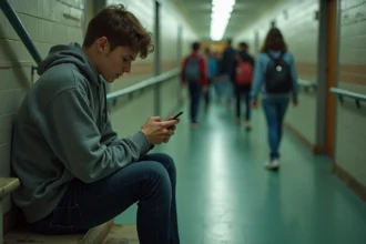 Adolescent isolé assis seul dans un couloir scolaire, regard absent sur son téléphone, illustrant la détresse silencieuse chez les jeunes