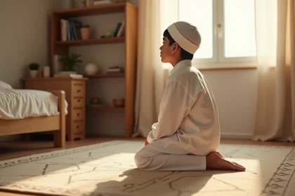 Adolescent musulman en position de prosternation sur un tapis de prière dans une chambre calme au lever du soleil