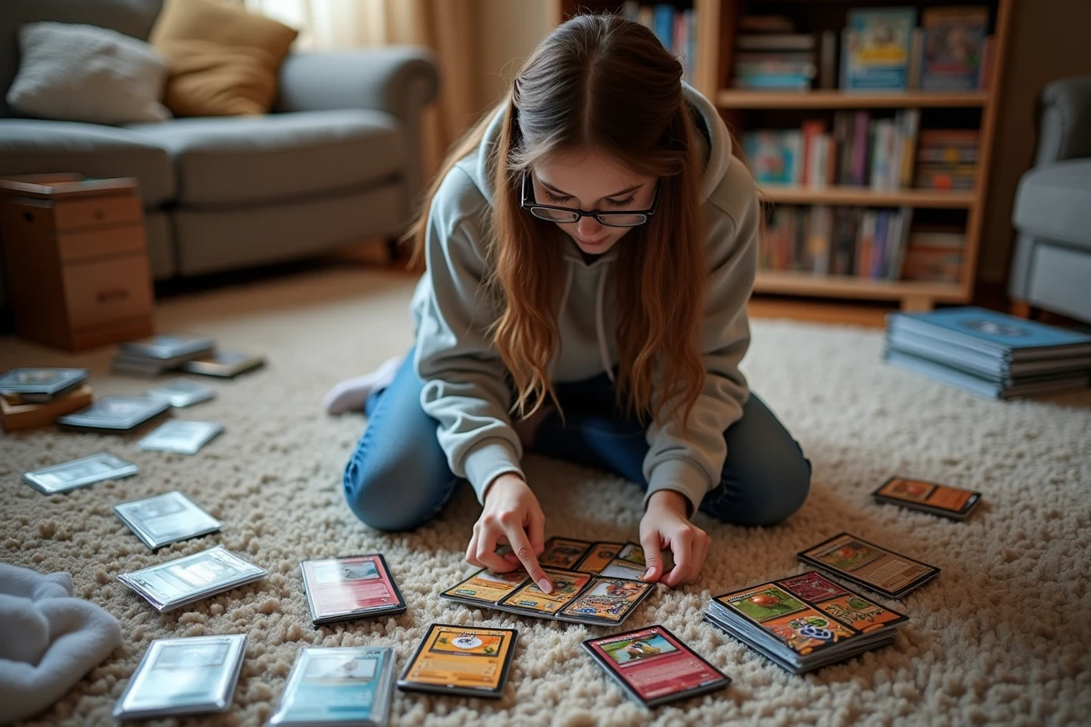 Adolescente trie des packs et cartes Pokémon dans le salon