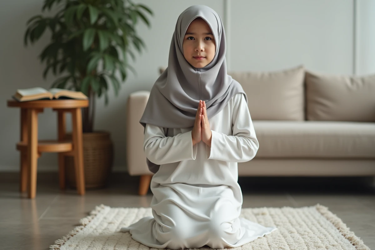 Jeune adolescente musulmane en position de prière debout portant un hijab gris dans un salon familial