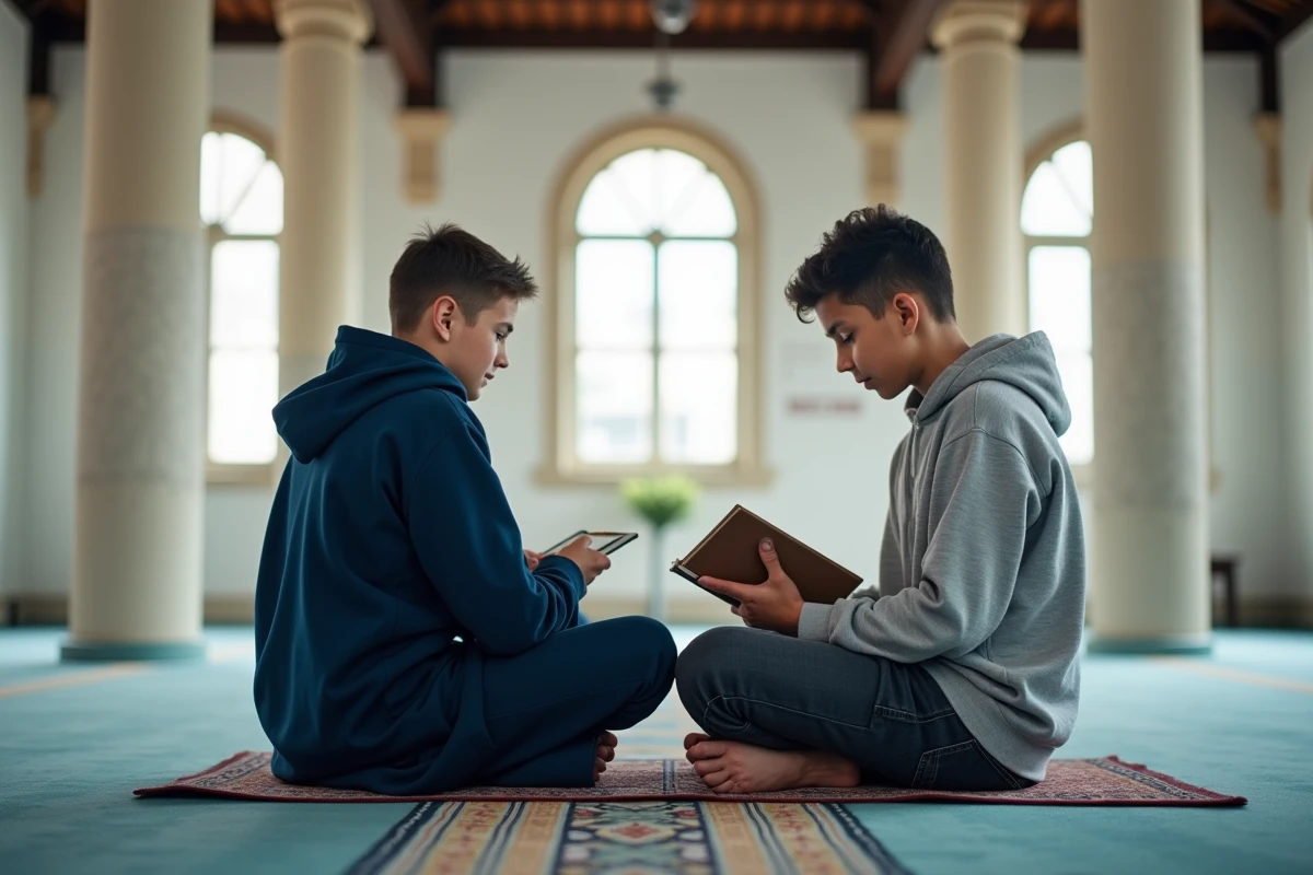 Deux adolescents musulmans apprenant les étapes de la prière Fajr ensemble dans une mosquée simple