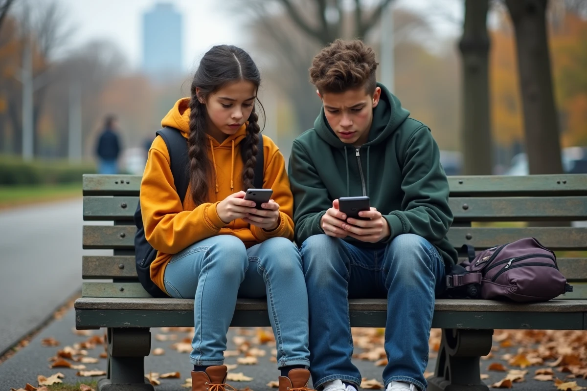 Deux adolescents dans un parc urbain regardant un smartphone avec une expression préoccupée, symbolisant la compréhension du langage des jeunes sur les réseaux sociaux