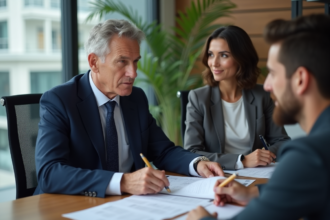 Agent immobilier en costume bleu examine documents avec couple