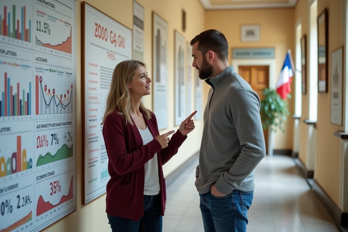 Deux agents municipaux analysant un panneau d'indicateurs INSEE affiché dans un couloir de mairie, données démographiques et économiques d'une commune française