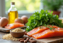 Gamme d'aliments riches en vitamine B sur une table en bois