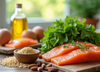 Gamme d'aliments riches en vitamine B sur une table en bois