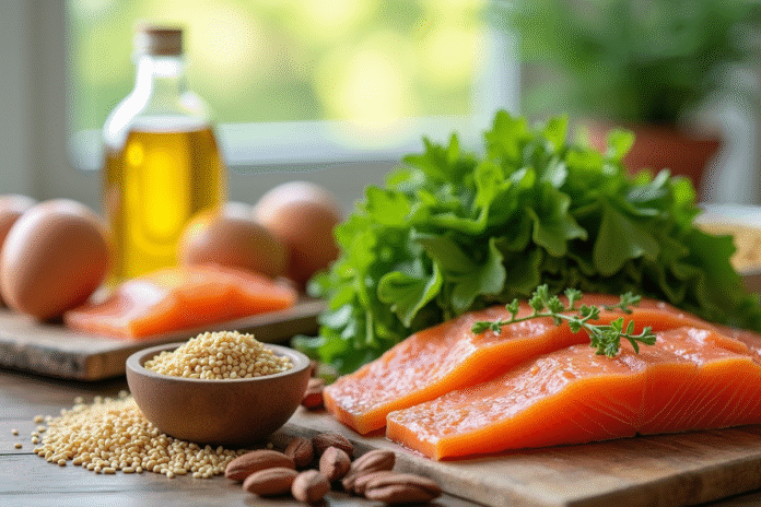Gamme d'aliments riches en vitamine B sur une table en bois