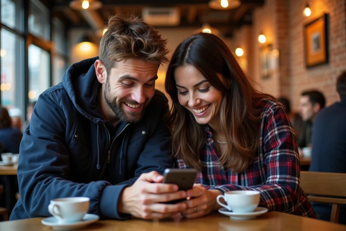 Deux amis adultes consultant une application de solution d'escape room sur smartphone dans un café urbain moderne