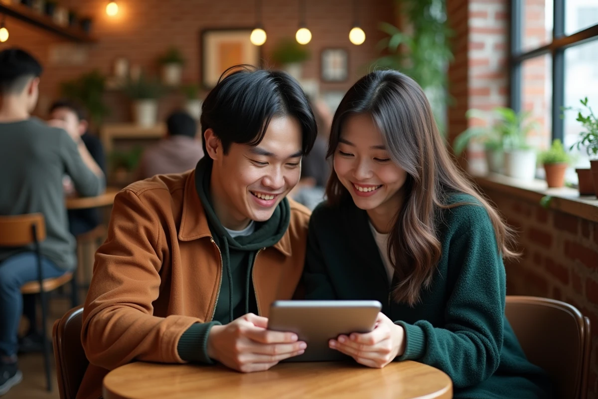 Deux amis discutant de leurs mangas préférés sur une tablette affichant une application de suivi dans un café urbain