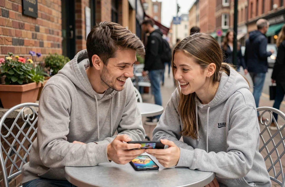 Deux amis consultant leur téléphone pour récupérer des dés gratuits sur Monopoly GO en terrasse