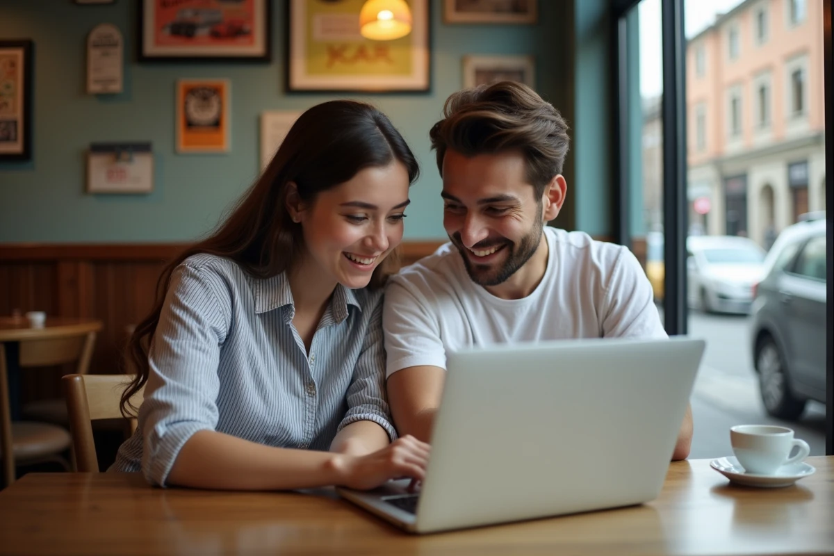 Deux amis regardant ensemble un écran de laptop dans un café, discussion sur les chapitres de webtoon Just Friends à lire après l'anime