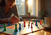 Personne analysant des pions colorés et un plateau Mastermind sur une table en bois
