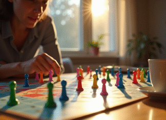 Personne analysant des pions colorés et un plateau Mastermind sur une table en bois