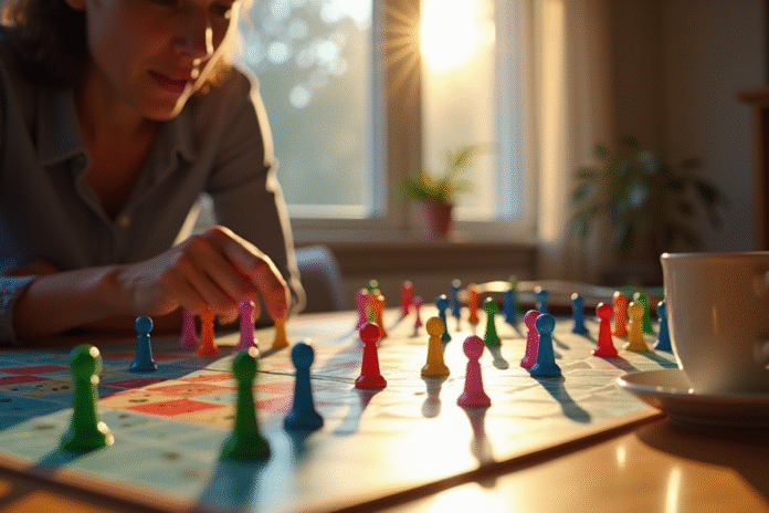 analyseur-strategie-mastermind Personne analysant des pions colorés et un plateau Mastermind sur une table en bois