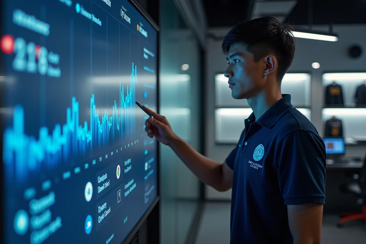 Analyste esports présentant des statistiques de joueurs actifs quotidiens sur League of Legends devant un écran de données