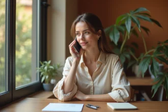 Femme composant un numéro international sur son smartphone depuis un bureau à domicile, illustrant les appels vers l'Algérie