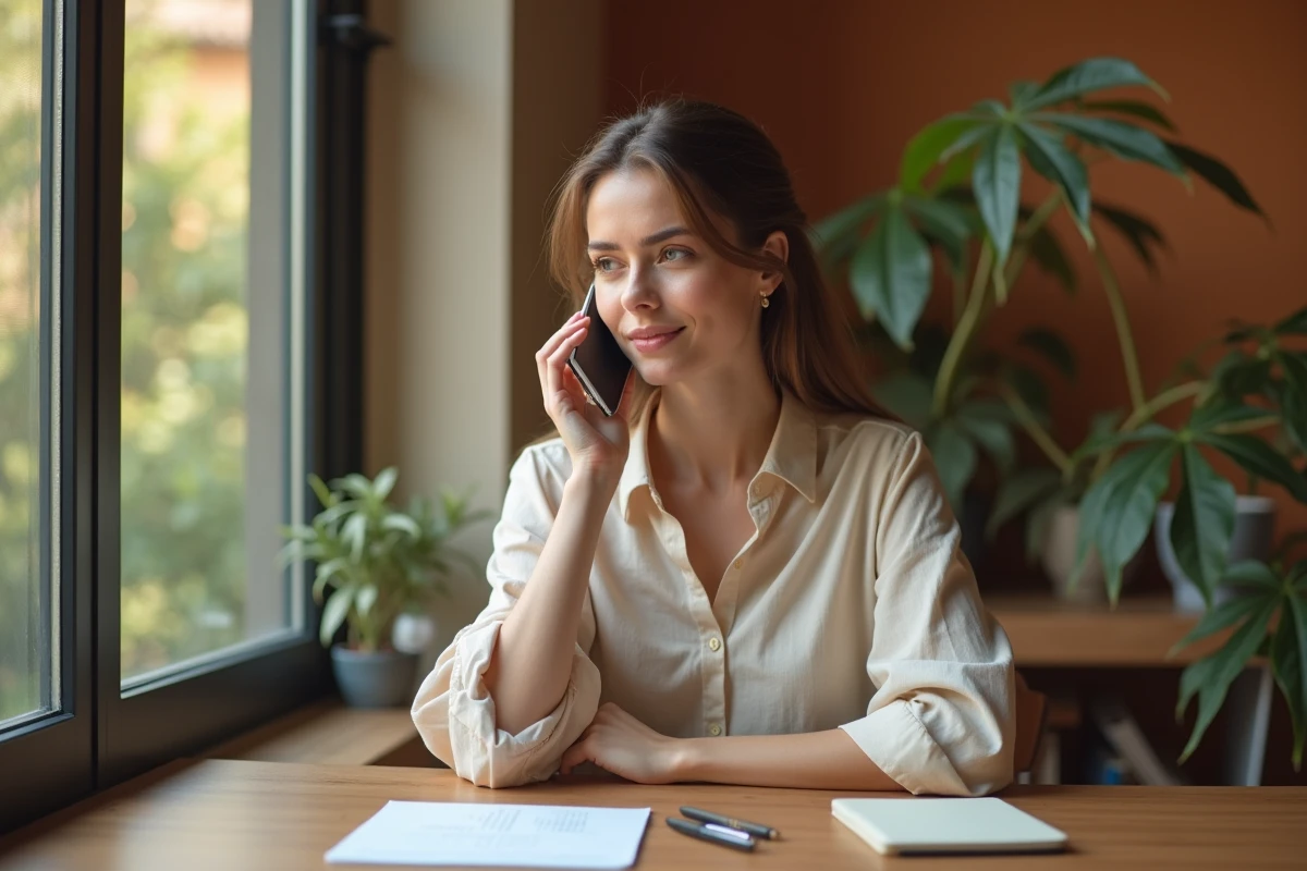 Femme composant un numéro international sur son smartphone depuis un bureau à domicile, illustrant les appels vers l'Algérie