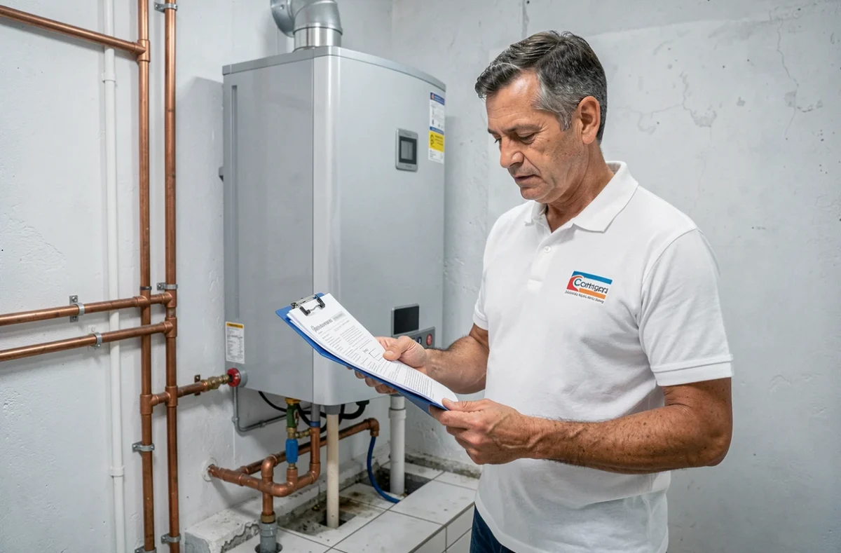 Technicien Aqua Thermic inspectant une installation de chauffe-eau dans une chaufferie résidentielle