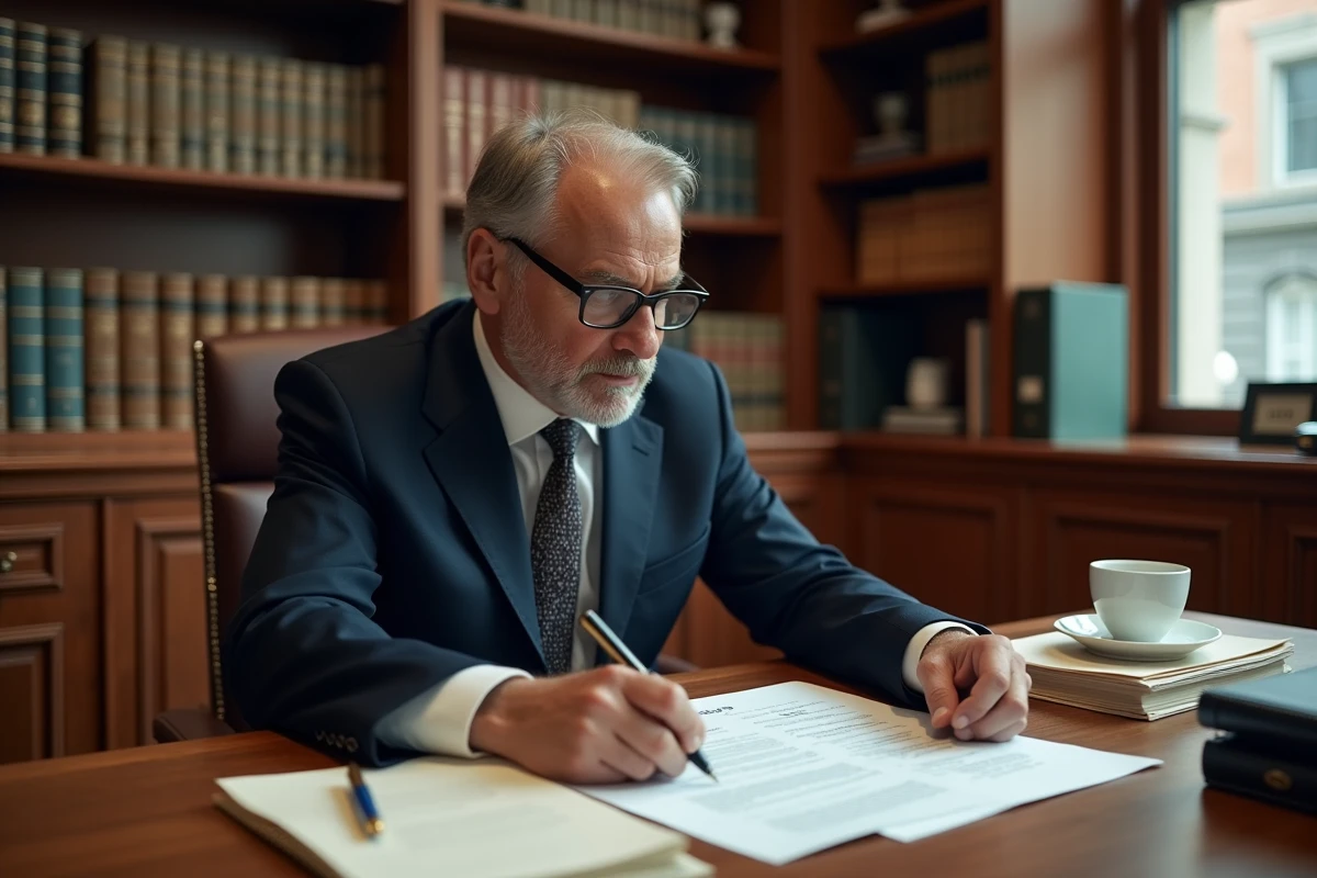 Avocat spécialisé en droit de propriété examinant des documents juridiques dans un cabinet traditionnel