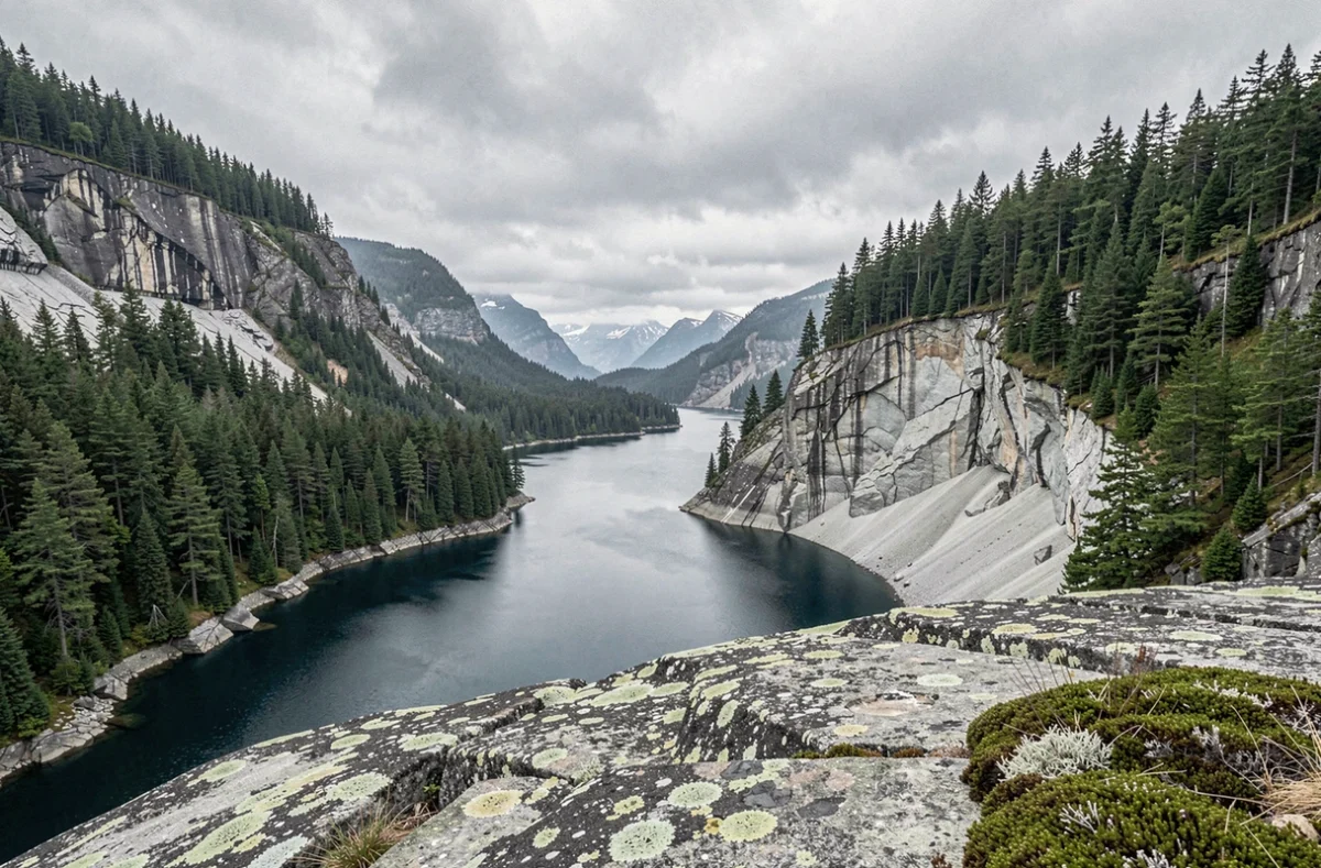Baie de Lituya en Alaska montrant la ligne de démarcation laissée par le tsunami de 1958 sur les parois rocheuses du fjord