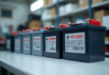 Vue rapprochee de batteries de voiture et batteries profond cycle sur un plan de travail blanc