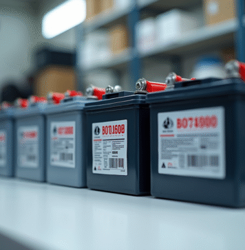 Batteries à décharge profonde : Mélanger avec batteries ordinaires ? Vue rapprochee de batteries de voiture et batteries profond cycle sur un plan de travail blanc