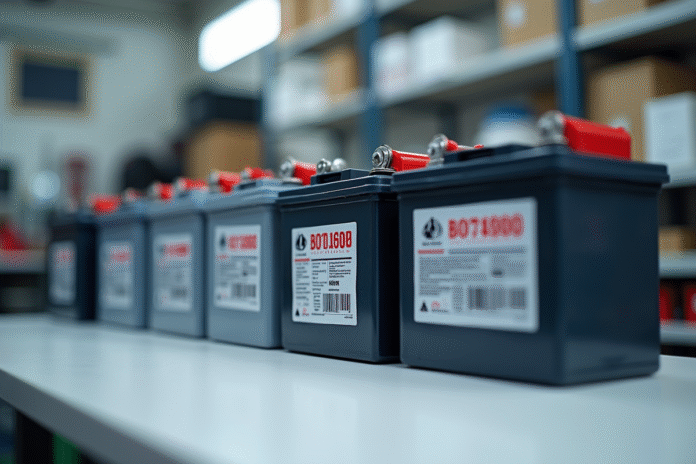 batteries-deep-cycle-voiture Vue rapprochee de batteries de voiture et batteries profond cycle sur un plan de travail blanc