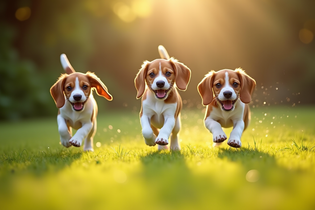 Trois beagles courant dans une pelouse matinale couverte de rosée