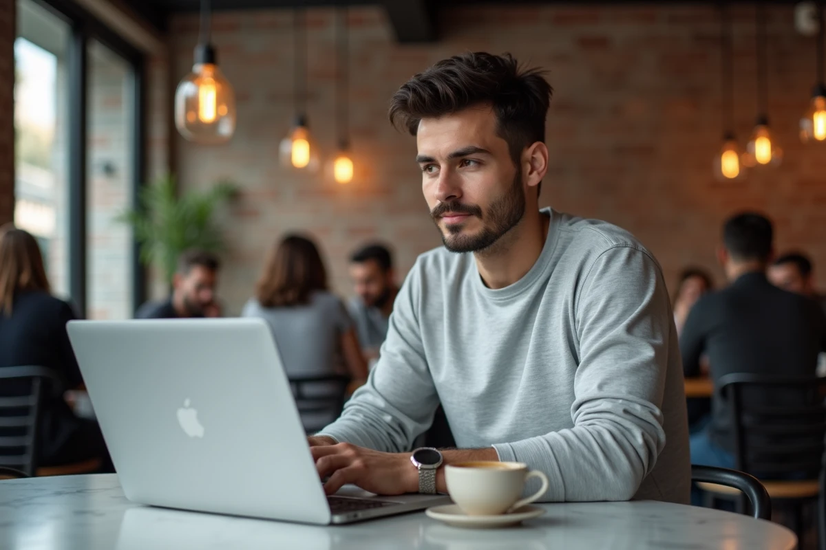 Homme travaillant sur l'interface de son blog dans un café moderne avec un ordinateur portable ouvert