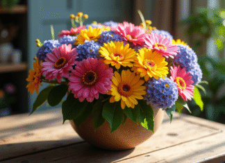 Bouquet de fleurs commençant par B sur table en bois