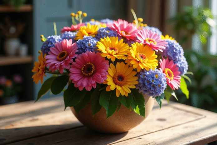 bouquet-fleurs-b-begins Bouquet de fleurs commençant par B sur table en bois