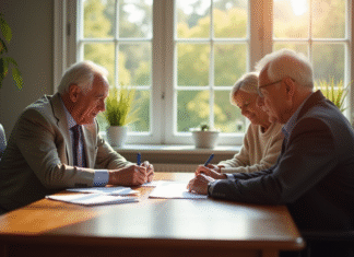 Conseiller financier avec couple dans un bureau lumineux