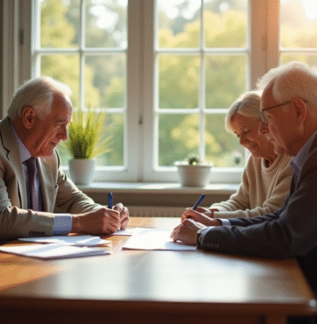 Conseiller financier avec couple dans un bureau lumineux