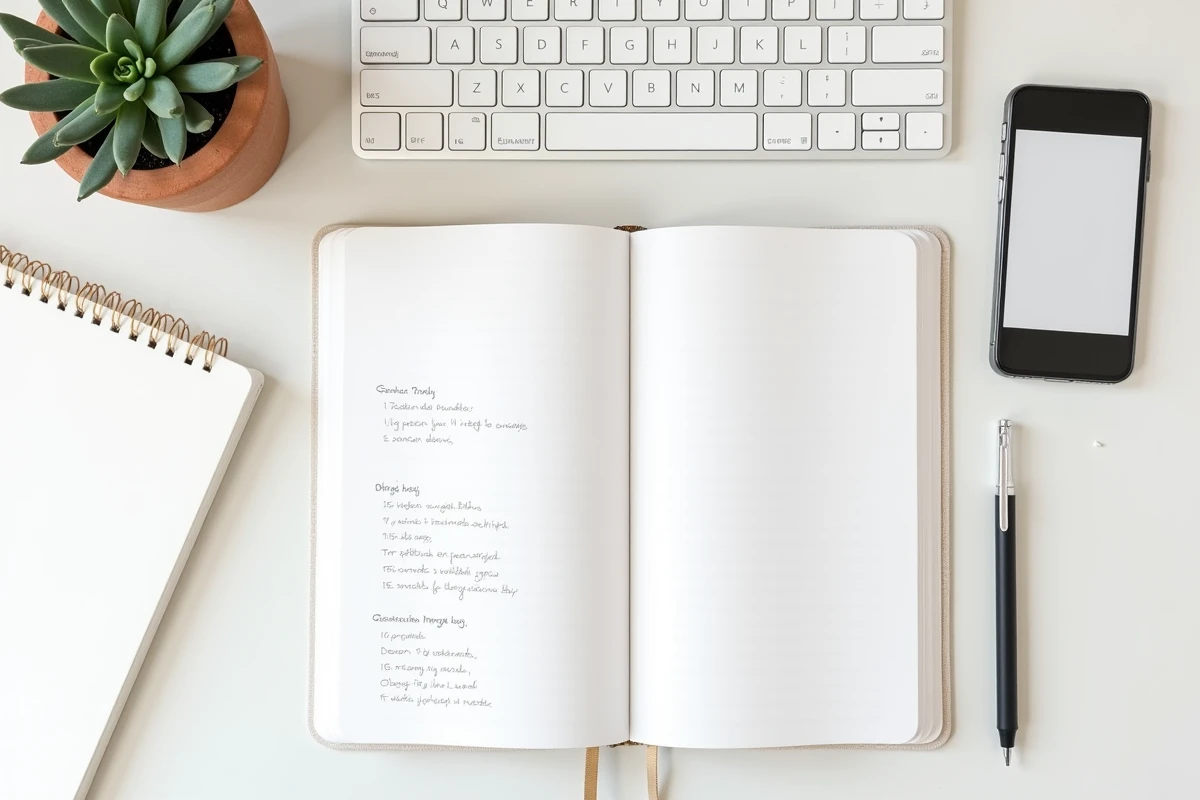 Vue aérienne d'un bureau minimaliste avec carnet de notes, clavier et smartphone montrant un aperçu de blog