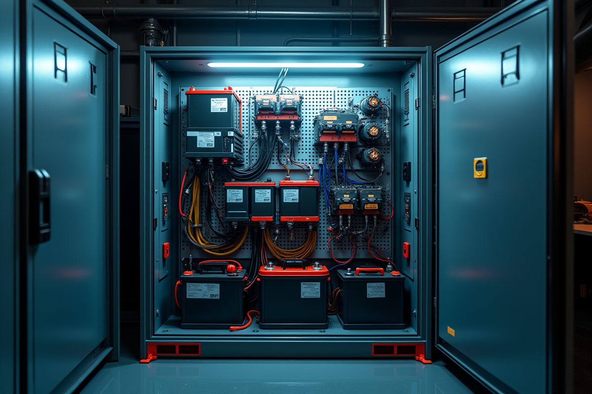 Cabinet ouvert avec batteries profond cycle et batteries classiques dans une salle technique lumineuse
