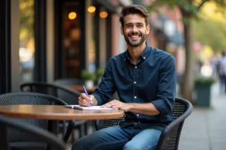 Homme pensif au cafe en ville pour l article