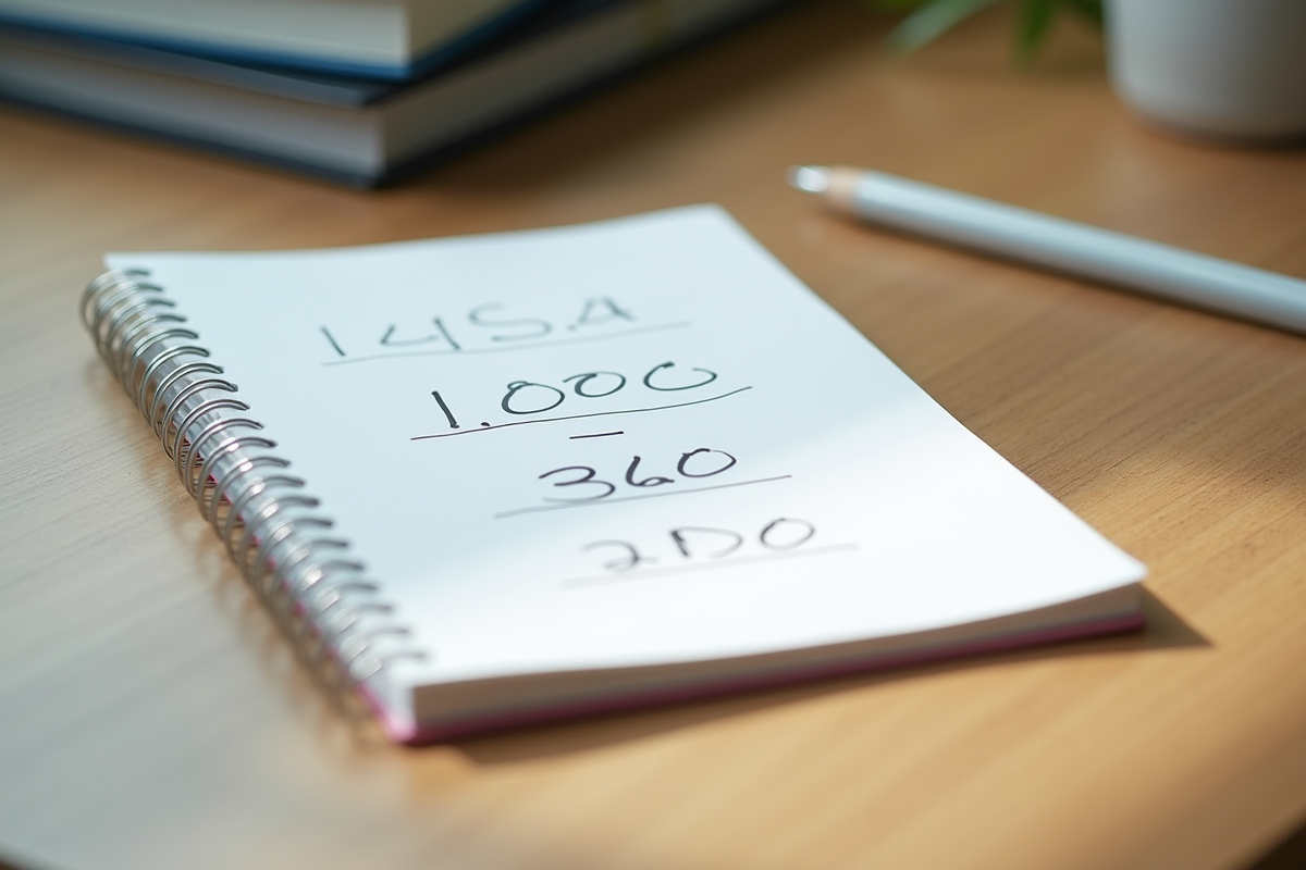Cahier de maths avec calculs sur un bureau en bois