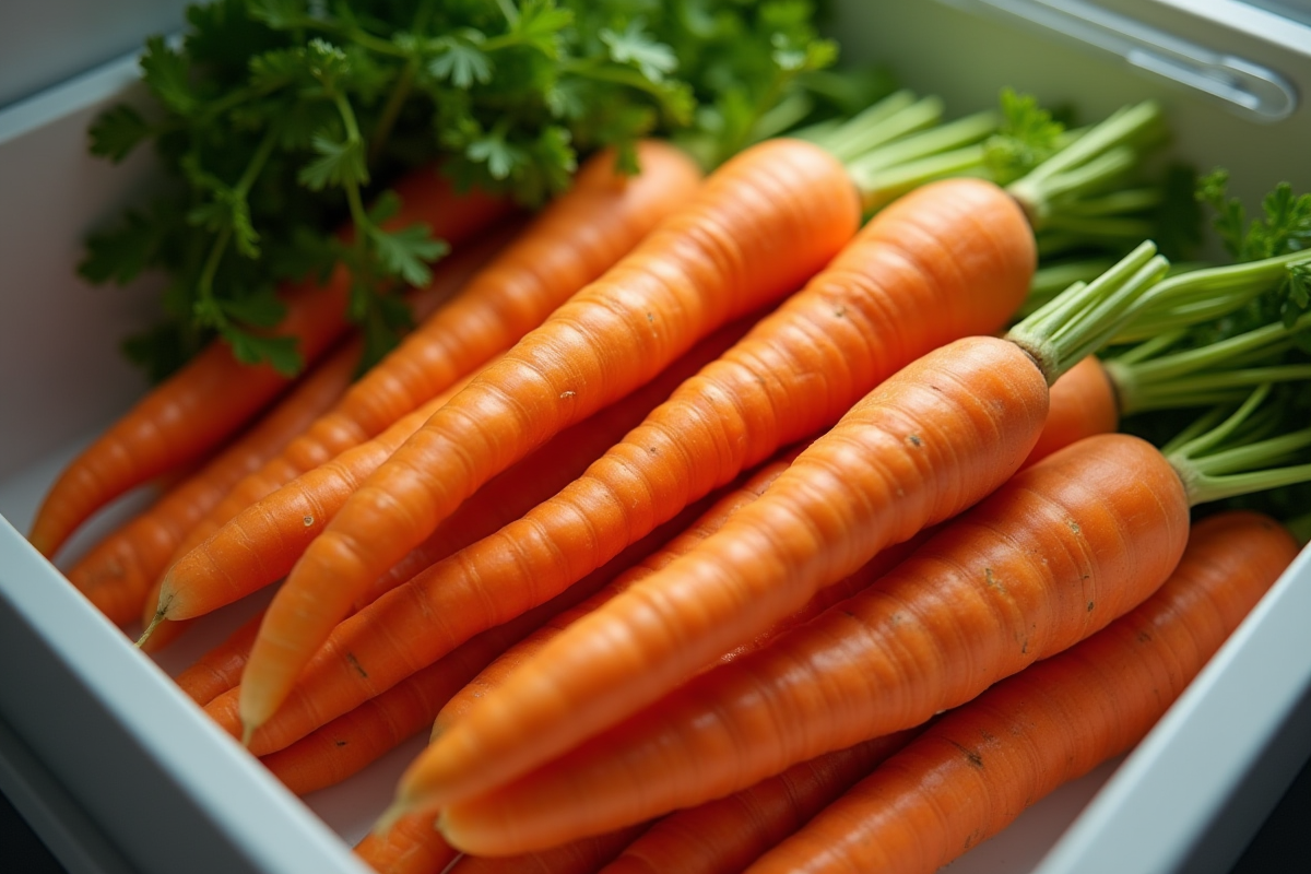 Carottes entières stockées dans un tiroir de réfrigérateur