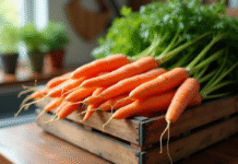 Carottes fraîches avec tiges vertes dans un panier en bois