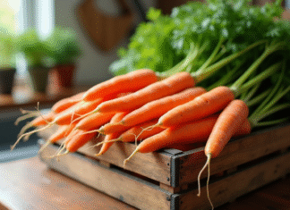 Les carottes, nourriture saine : conseils pour une bonne conservation Carottes fraîches avec tiges vertes dans un panier en bois
