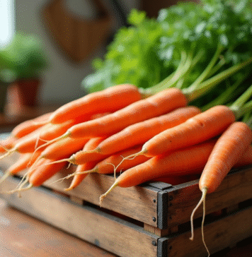 Carottes fraîches avec tiges vertes dans un panier en bois