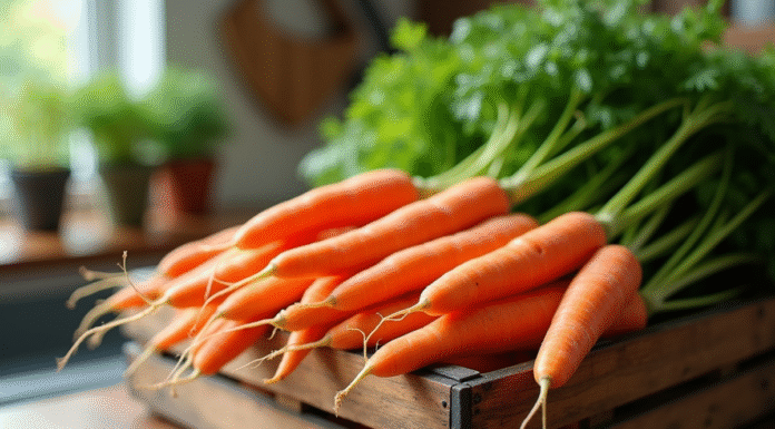 Carottes fraîches avec tiges vertes dans un panier en bois