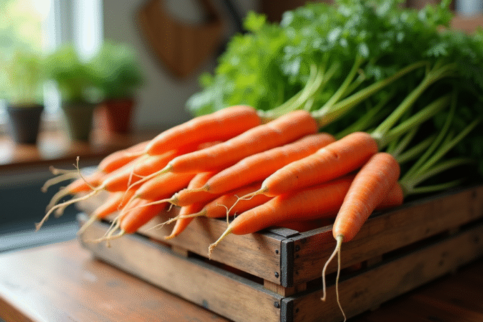 Carottes fraîches avec tiges vertes dans un panier en bois