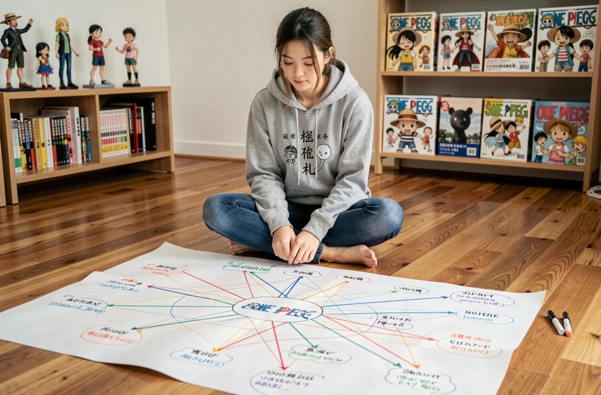 Jeune femme créant une carte mentale détaillée sur les théories de fans autour de Portgas D. dans l'univers de One Piece