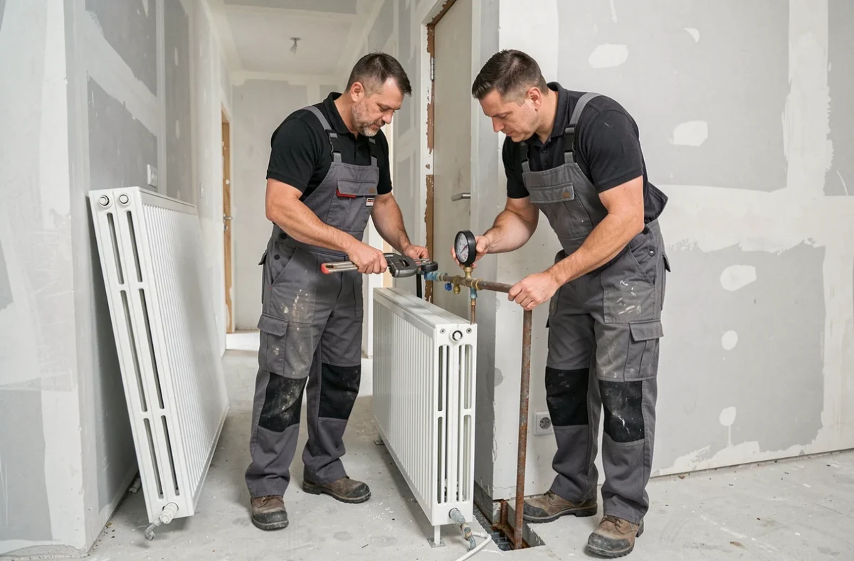 Deux techniciens CCH Plomberie Chauffage installant un radiateur dans un appartement en rénovation