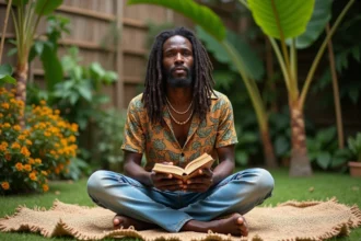 Chanteur reggae aux dreadlocks dans un jardin tropical