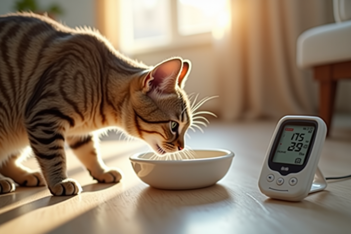 Chat tacheté buvant dans un bol en céramique avec moniteur de glucose